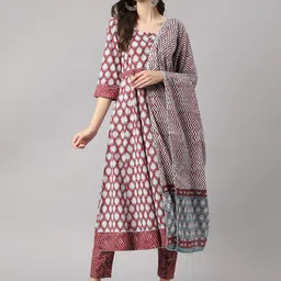 Divena Floral Printed Gotta Patti Anarkali Pure Cotton Kurta with Trousers & Dupatta-picture-26