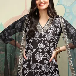 Ishin Floral Printed Straight Thread Work Kurta ,Trousers &  Dupatta-picture-19
