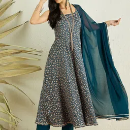 Inddus Floral Printed Gotta Patti Kurta with Trousers & Dupatta-picture-1