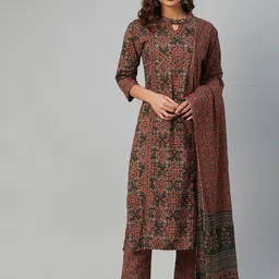 Yuris Women Rust Ethnic Motifs Printed Layered Pure Cotton Kurta with Trousers & Dupatta-picture-7
