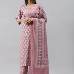 Yuris Women Mauve Ethnic Motifs Printed Sequinned Cotton Kurta with Trousers & Dupatta-5