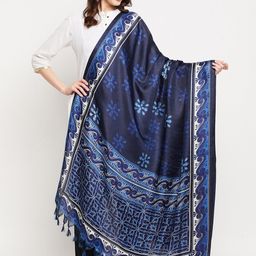 Clora Creation Women Navy Blue & White Printed Silk Blend Dupatta-1