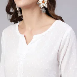Nayo White Round Neck White Regular Self Design Thread Work Kurta & Trousers With Dupatta image 2