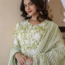 Anouk Women Floral Yoke Design Regular Aari Work Pure Cotton Kurta with Pyjamas & With Dupatta image 4