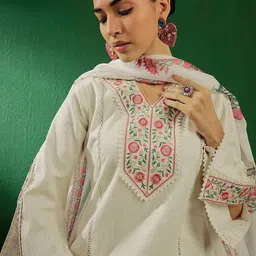 Sangria Off White Floral Embroidered Pure Cotton Kurta With Palazzo & Dupatta-picture-52