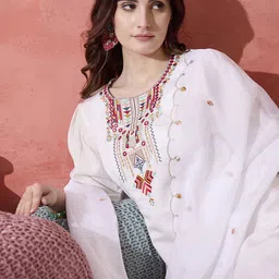 Sangria White Thread Work Round Neck A-Line Kurta With Trousers And Dupatta image 3