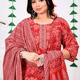 Swasti Plus Size Floral Printed Regular Pure Cotton Kurta With Trousers & Dupatta image 2