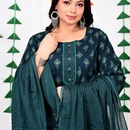 Swasti Plus Size Ethnic Motifs Printed Regular Pure Cotton Kurta With Trousers & Dupatta image 2