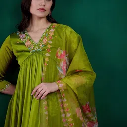 Sangria Floral Embroidered Empire V-Neck A-Line Kurta With Trousers & Dupatta-15