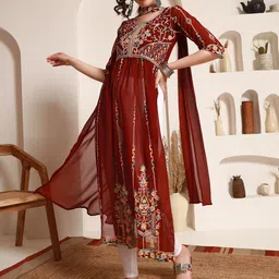 Sangria Ethnic Motifs Embroidered A-Line Kurta With Dupatta-image-82