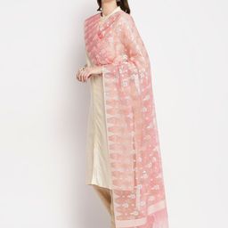 Dupatta Bazaar Peach-Coloured & White Woven Design Dupatta image 4