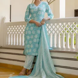 Anouk Floral Yoke Design Regular Pure Cotton Kurta With Pyjamas & Dupatta image 5