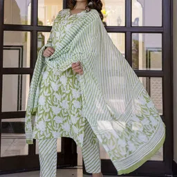 Anouk Women Floral Yoke Design Regular Aari Work Pure Cotton Kurta with Pyjamas & With Dupatta image 3