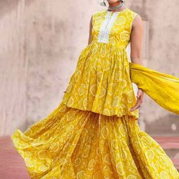 KALINI Bandhani Printed Mirror Work Kurti With Sharara & Dupatta image 5
