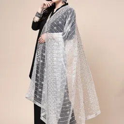Clora Creation Floral Embroidered Sequinned Net Dupatta image 4