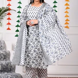 Swasti Plus Size Floral Printed Regular Pure Cotton Kurta With Trousers & Dupatta image 3