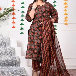 Swasti Plus Size Ethnic Motifs Printed Regular Pure Cotton Kurta with Trousers & Dupatta image 3