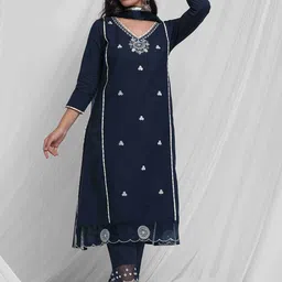 Anouk Navy Blue Floral Embroidered Thread Work Pure Cotton Kurta With Trousers & Dupatta-picture-20
