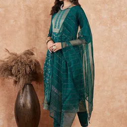 Sangria Floral Foil Printed Zari A-Line Kurta & Trouser With Dupatta image 5