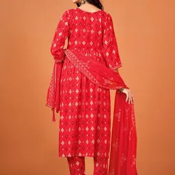 Sangria Red Ethnic Motifs Printed Thread Work Sequinned Kurta & Trousers With Dupatta image 3