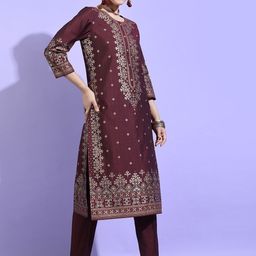 Vishudh Women Burgundy Ethnic Motifs Viscose Rayon Kurta with Trouser & Dupatta image 2