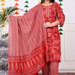 Swasti Plus Size Ethnic Motifs Printed Regular Pure Cotton Kurta with Trousers & Dupatta image 4