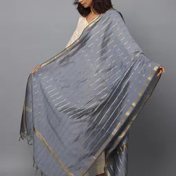 HELLA FASHIONS Striped Woven Design Chanderi Dupatta With Zari image 3
