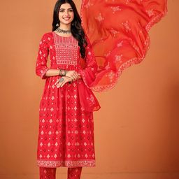 Sangria Red Ethnic Motifs Printed Thread Work Sequinned Kurta & Trousers With Dupatta-6