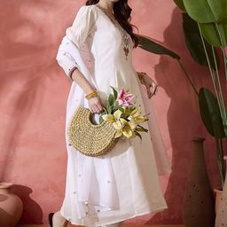 Sangria White Thread Work Round Neck A-Line Kurta With Trousers And Dupatta image 2
