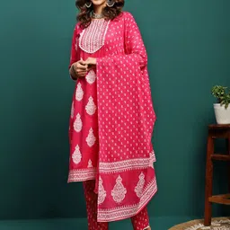 Sangria Printed Pure Cotton Straight Kurta With Trouser & Dupatta Set image 4