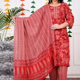 Swasti Plus Size Floral Printed Regular Pure Cotton Kurta With Trousers & Dupatta image 5