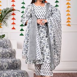 Swasti Plus Size Floral Printed Regular Pure Cotton Kurta With Trousers & Dupatta image 5