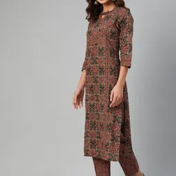 Yuris Women Rust Ethnic Motifs Printed Layered Pure Cotton Kurta with Trousers & Dupatta image 4