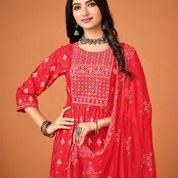 Sangria Red Ethnic Motifs Printed Thread Work Sequinned Kurta & Trousers With Dupatta image 4