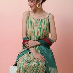 Sangria Abstract Printed Sleeveless Chanderi Silk Straight Kurta With Trousers & Dupatta-image-43