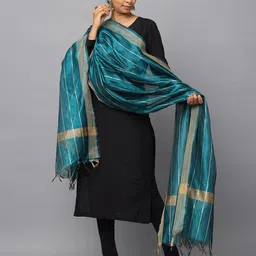 HELLA FASHIONS Striped Woven Design Chanderi Dupatta With Zari-picture-35
