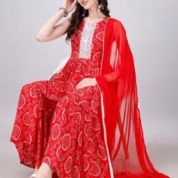 KALINI Bandhani Printed Mirror Work Kurti With Sharara & Dupatta image 2