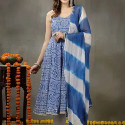 Stylum Blue & WHite Bandhani Printed Anarkali Kurta & Trousers With Dupatta-picture-13