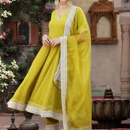 Stylum Mustard Yellow Embroidered Empire Anarkali Kurta & Trousers With Dupatta-picture-17