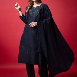 ARADHNA Ethnic Motifs Yoke Design Thread Work Straight Kurta With Trousers & Dupatta-image-76