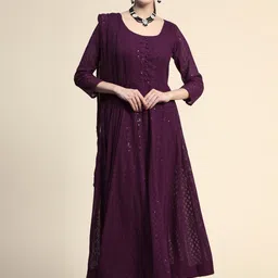 KALINI Women Burgundy Paisley Embroidered Empire Chikankari Kurta with Trousers & With Dupatta-image-26