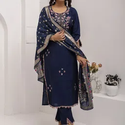 VredeVogel Floral Embroidered Round Neck Straight Kurta With Trouser And Dupatta-picture-23
