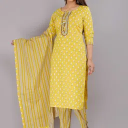 KALINI Women Yellow Ethnic Motifs Printed Pure Cotton Kurta with Trousers-picture-18