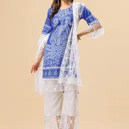 Sangria Blue Ethnic Motifs Printed Thread Work Sequinned Kurta & Trouser With Dupatta image 1