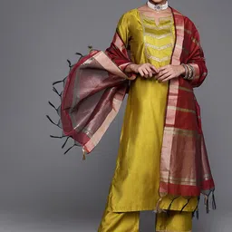 Indo Era Mustard Yellow & Maroon Yoke Design Liva Kurta with Trousers & Dupatta-picture-53