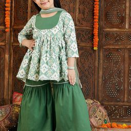 VASTRAMAY Girls Ethnic Motifs Printed Kantha Work Pure Cotton Kurta With Sharara & Dupatta-image-48