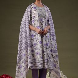 Indo Era Floral Printed Empire Sequinned Pure Cotton Kurta With Trousers & Dupatta-image-80