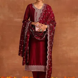 Indo Era Floral Yoke Design Sequinned Straight Kurta With Trouser & Dupatta-picture-5
