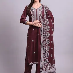 aayusika Floral Embroidered Pure Cotton Straight Kurta With Trousers & Dupatta-image-7