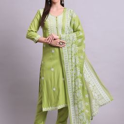 aayusika Floral Embroidered Thread Work Pure Cotton Straight Kurta With Trousers & Dupatta-image-44